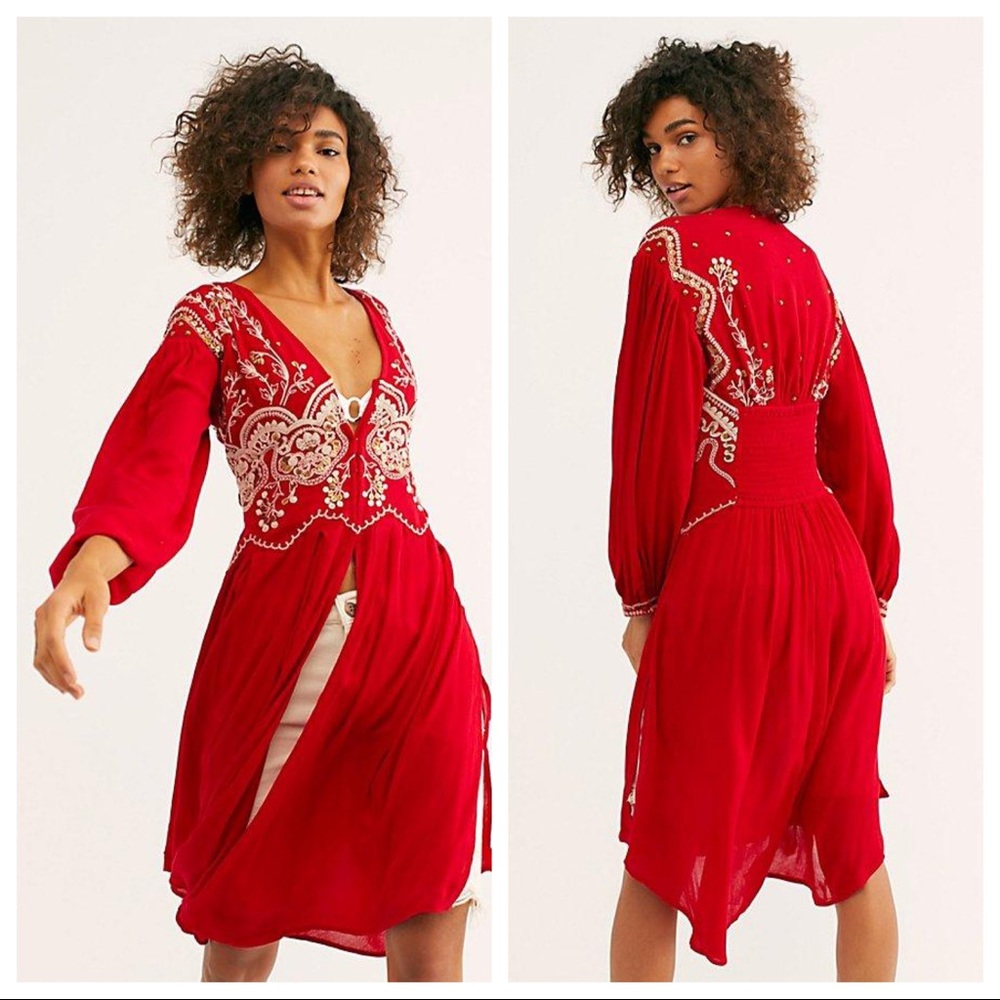 NEW WITH TAGS NWT FREE PEOPLE BALI RED SKYLINE HIGHLINE EMBROIDERED DRESS TOP 🔥